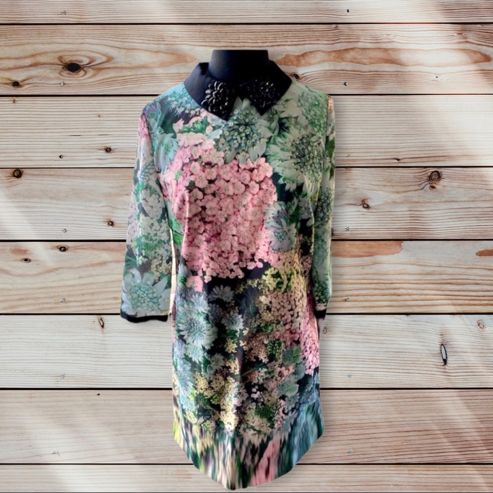 MULTI FLORAL DIAMANTÉ COLLAR SHIFT TUNIC DRESS BY TED BAKER SIZE 2  = US…